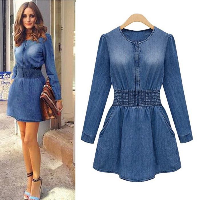 New Vintage Jeans Casual Women Long Sleeved Slim Denim Party Mini Dress