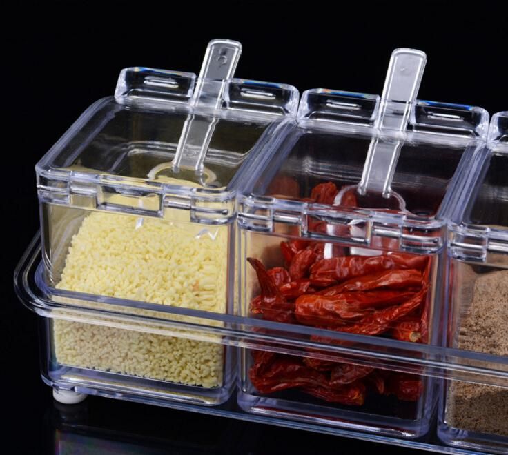 Crystal Seasoning Box Pepper Salt Spice Rack Plastic 4 Box with Spoons