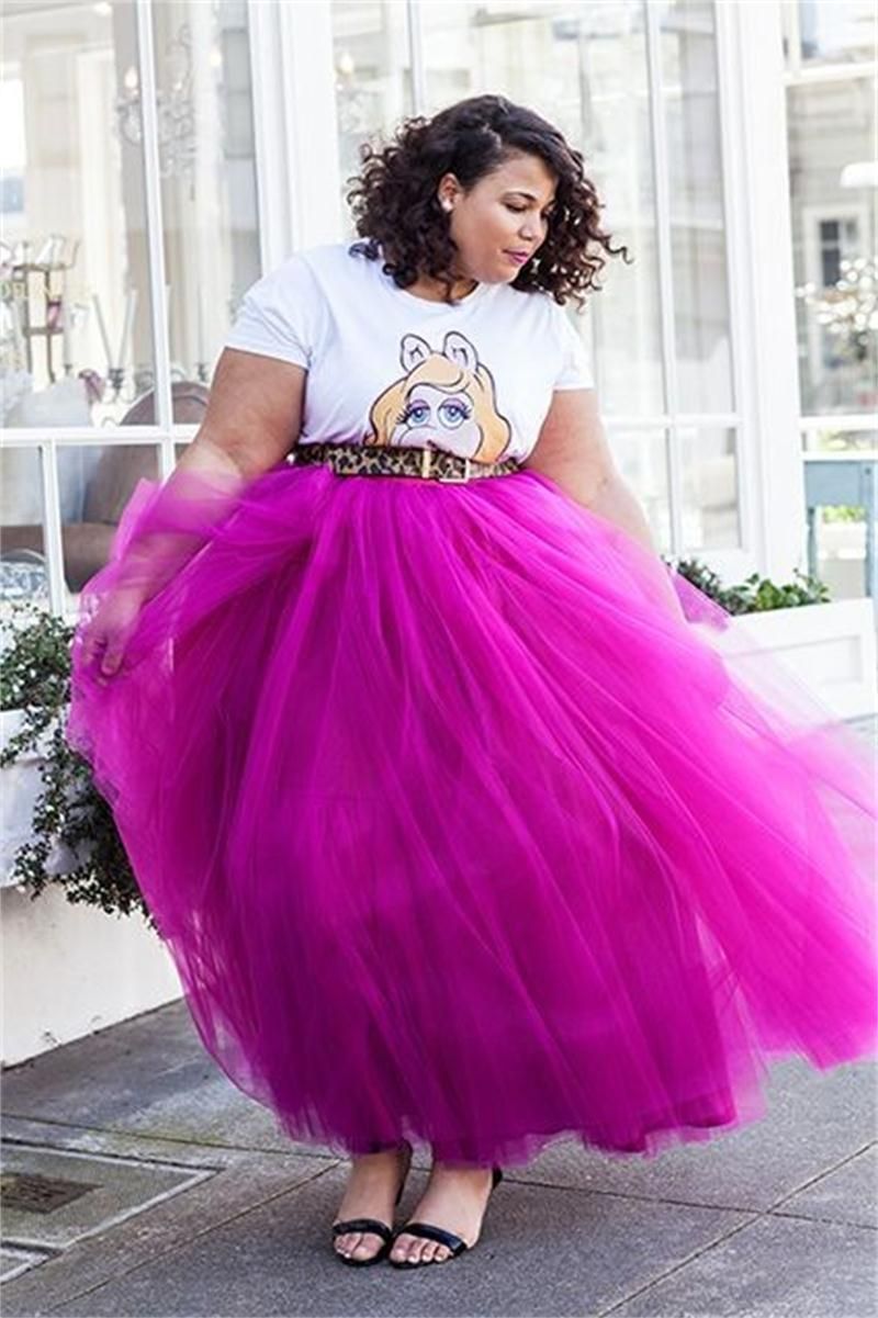 2019 Fushia Tutu Tulle Plus Size Skirts High Waist Ankle Length Long ...