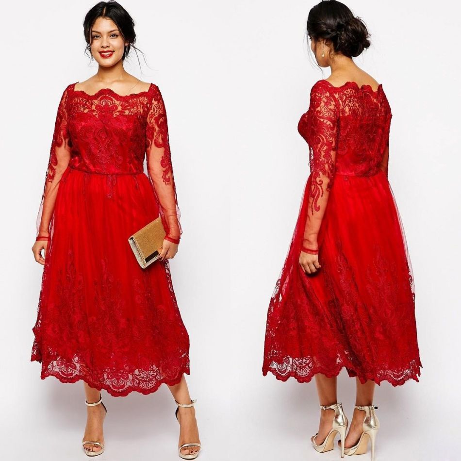 Red Plus Size Dresses Cheap Long Sleeves Lace Applique Tea Length ...