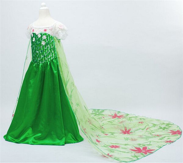 2021 2015 Frozen Elsa Dress With Long Tail Green Flower Girl Dress Long