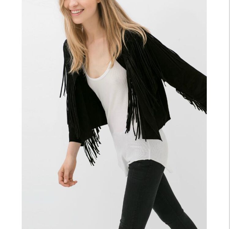 Jq35 Fashion Women Faux Suede Leather Fringe Black Jacket Short Coat Jq35 Fashion Women Faux Suede Leather Fringe Black Jacket Short Coat Long Sleeve Cardigan Casual Slim Brand Tops Chaquetas Mujer 2018 Las