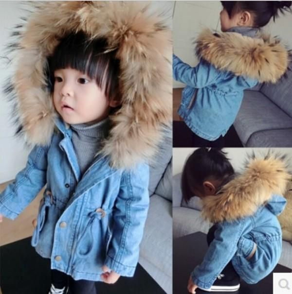 Baby Girls Winter Denim Wool Coats Children Fur Collar Pure Color