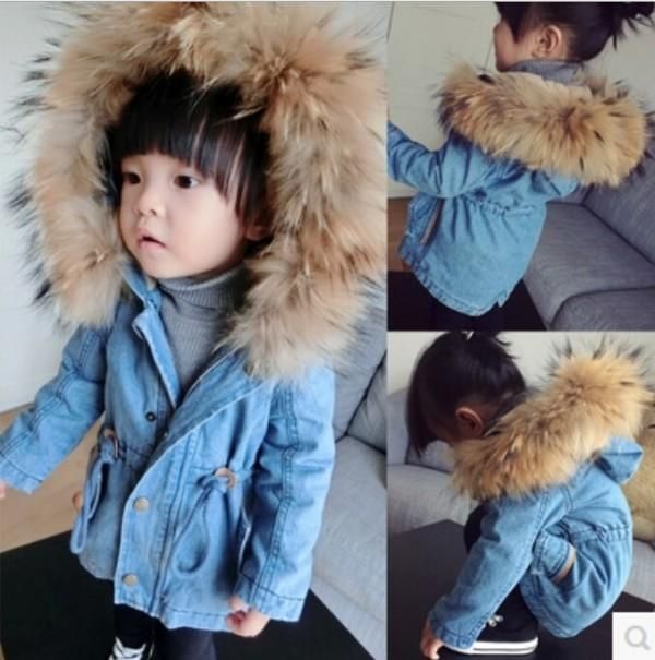 Baby Girls Winter Denim Wool Coats Children Fur Collar Pure Color ...