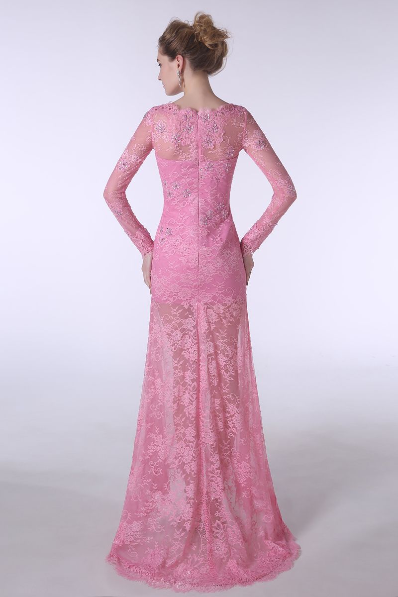 2015 Elegant Evening Dresses Applique Lace Spring Illusion Long Sleeves Bateau Satin Sweep Train