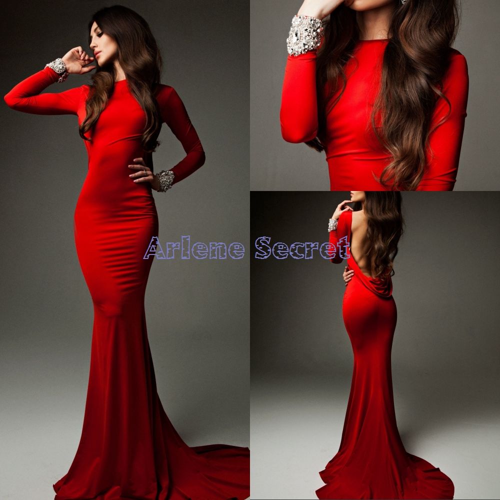 red long sleeve backless dress