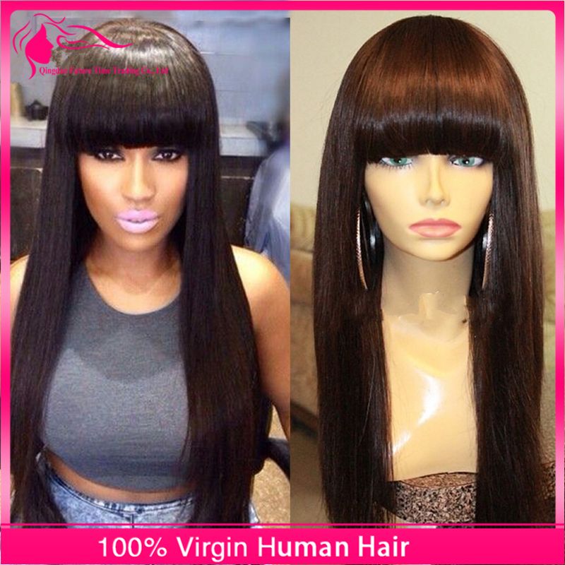 Full Lace Wig Lace Front Wig 9a Peruvian Silky Straight Hair Wigs With Full Fringe Bangs For Black Woman 130 Density Natural Hairline