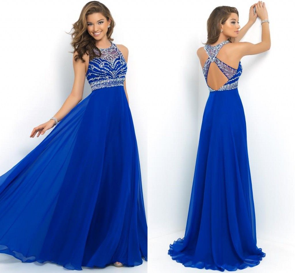 Long Elegant Blue Evening Dresses 2016 A Line Chiffon Beaded Top Halter