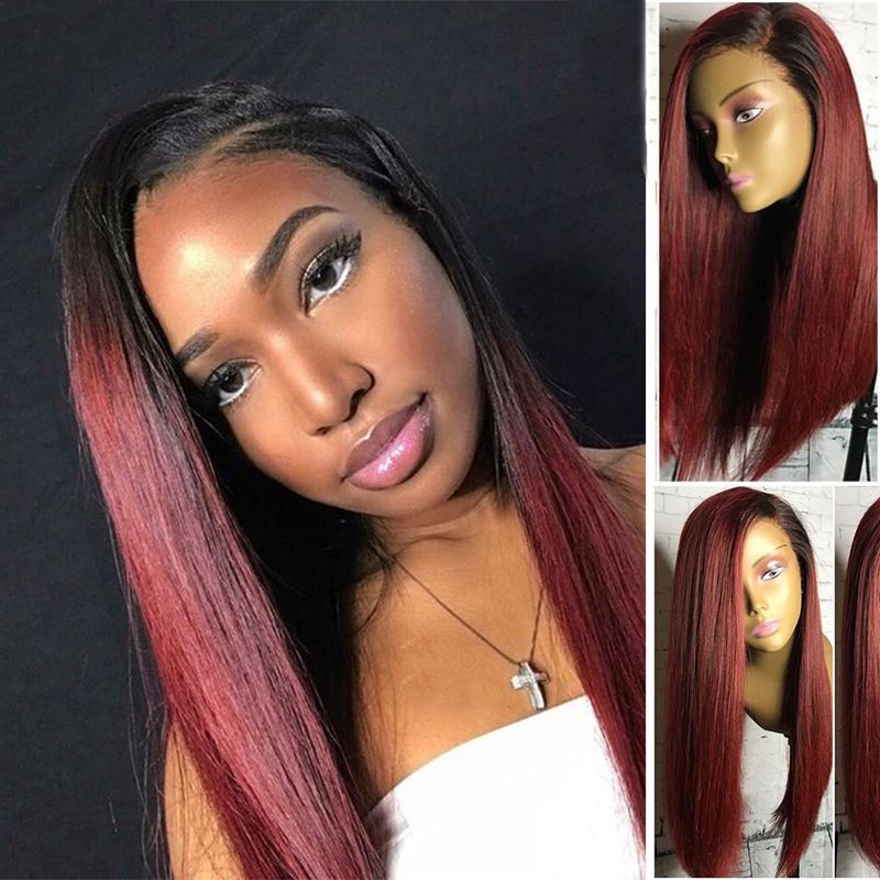 1b 99j Ombre Human Hair Straight Full Lace Wig For Black Woman 100