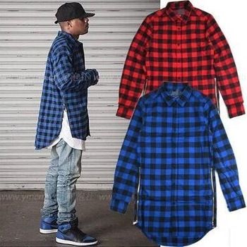 2019 Red Blue Scottish Plaid Long Sleeve Flannel Shirt Men