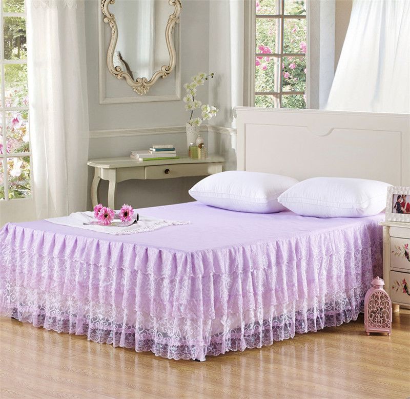 Wholesale Light Lavender Layered Ruffles Lace Bed Skirt Bedspread