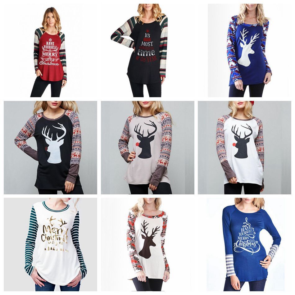 Christmas T Shirt Women Xmas Elk Shirts Striped Letter Tops Long Sleeve Blouse Loose Casual Tees Print Blusas Ooa3745 Funny Rude T Shirts Trendy Mens T