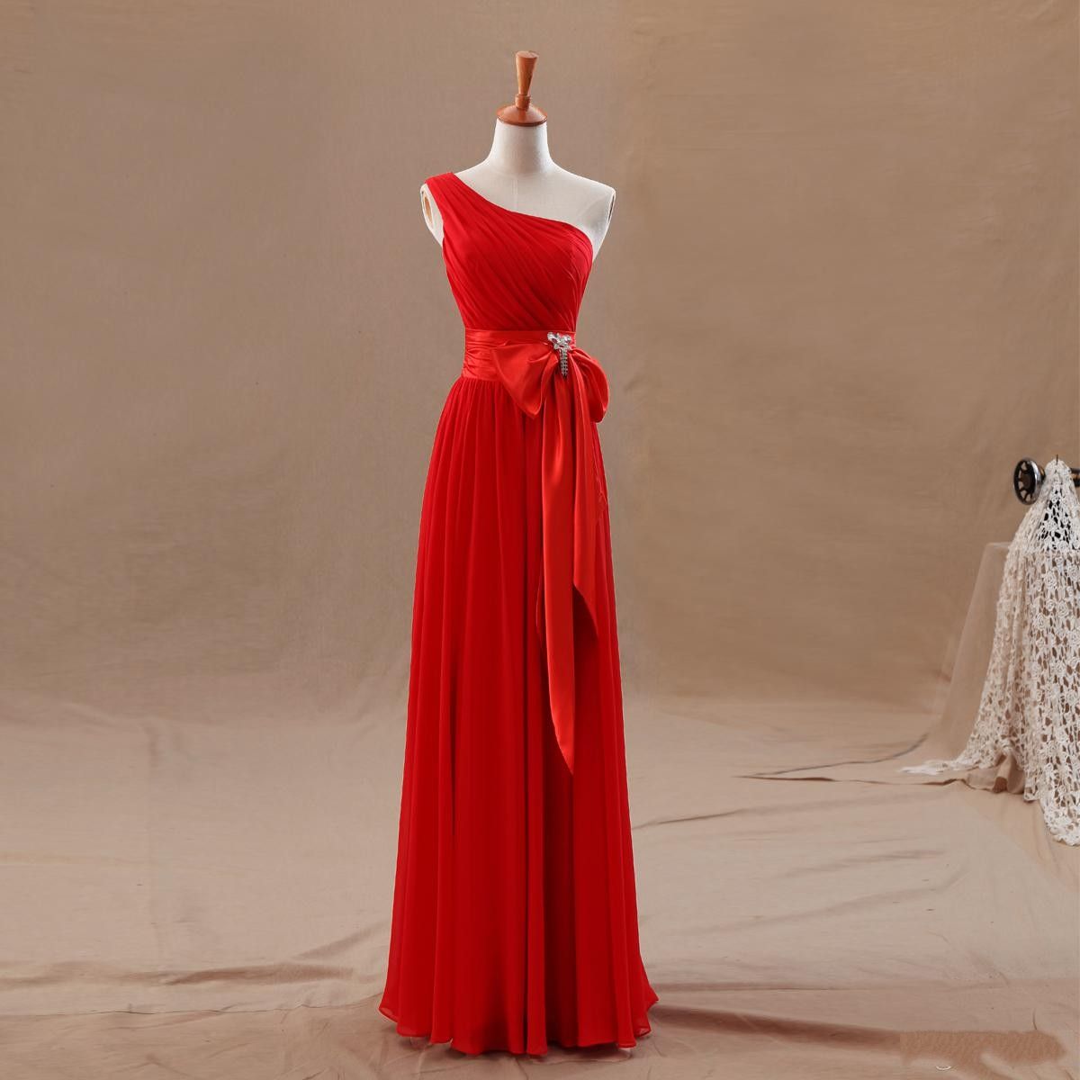 Fashion Red Bridesmaids Dresses Tight Pleats Elegant Bow Knot Chiffon