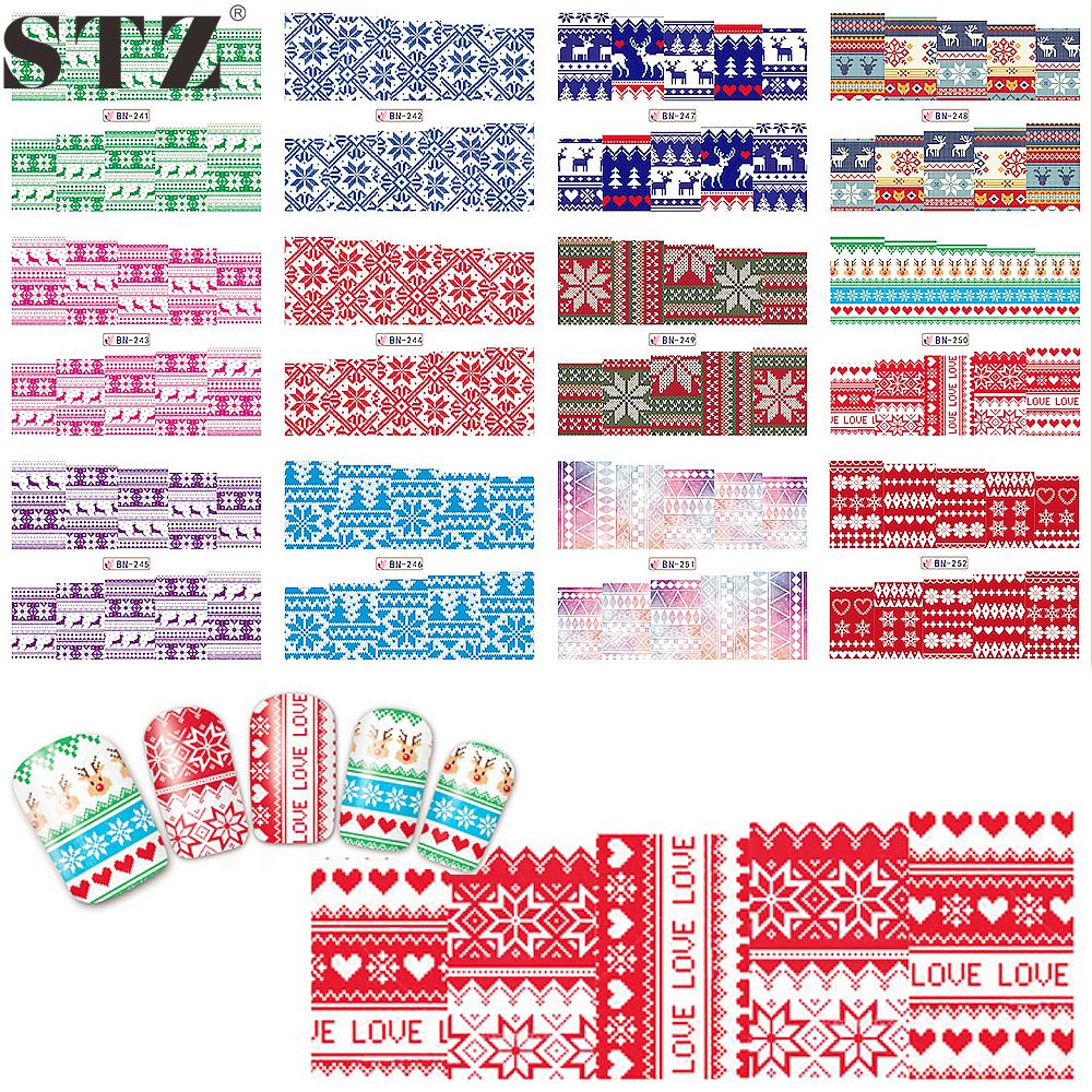 Wholesale STZ Red Purple Nails Art Decorations Sticker Retro Flower Grid Patterns Christmas Color Designs Full Tip DIY Foil BN241 252 Stickers Strawberry