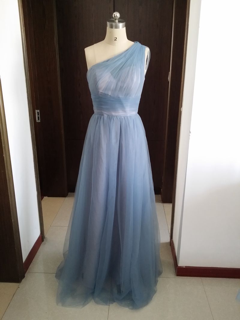  Dusty  Blue  Bridesmaid  Dresses  Tulle One Shoulder Straps 