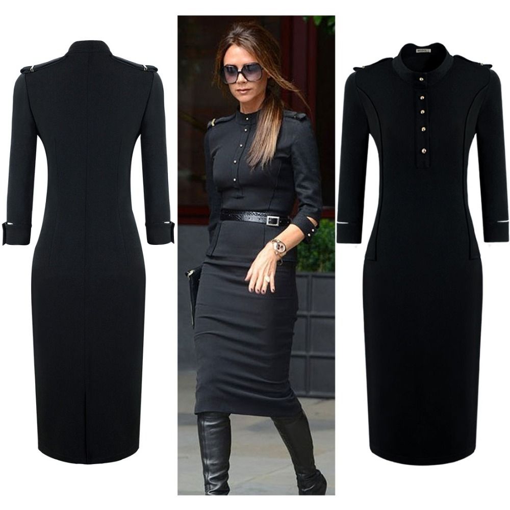 2017 Womens Summer Black Long Sleeve Vintage Tunic Workwear Bodycon ...