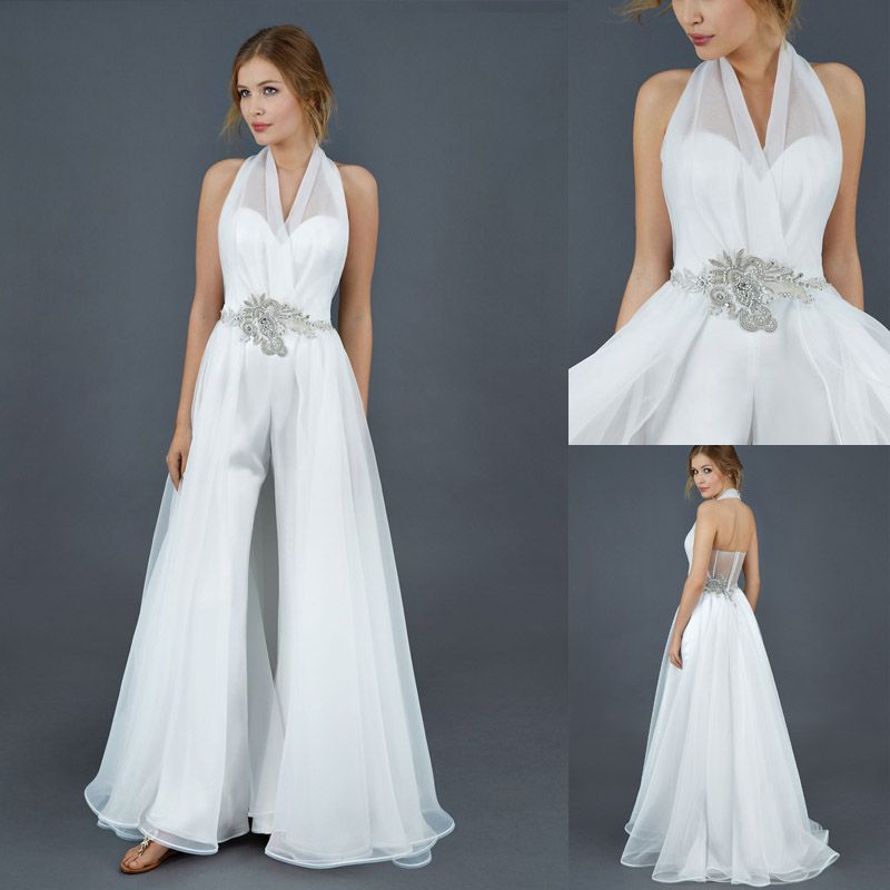 Discount Fashion Halter Pants Suit Wedding Dresses 2016 Spring Fall