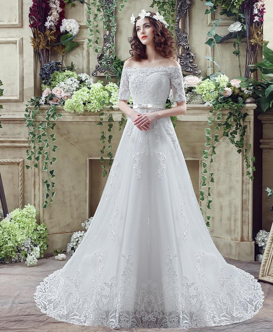 Discount Off Shoulder A Line Wedding Dresses Cheap 2016 Lace Appliques ...