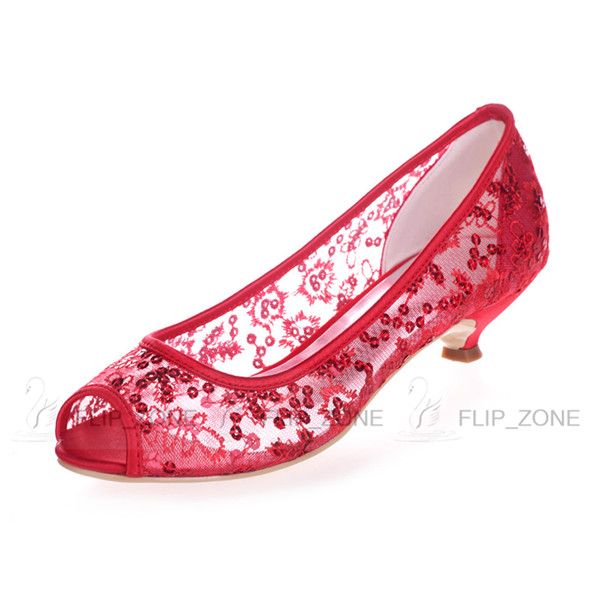 Red Cheap Wedding Shoes With Open Peep Toe Low Heels Sheer Sequins