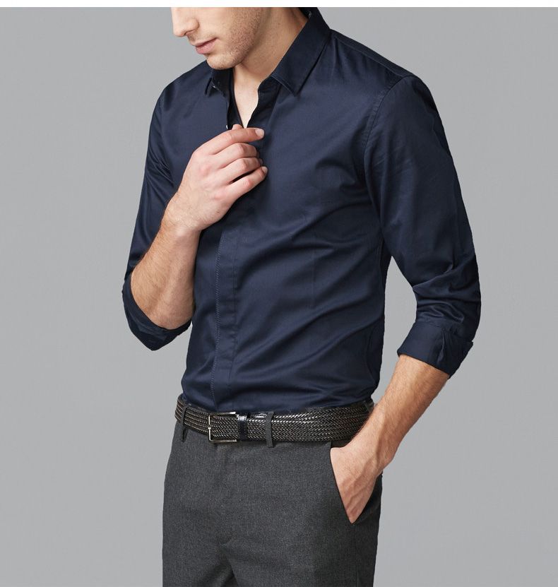 Men Shirts Mens Business Casual Fashion Pure Color Long Sleeved Single Breasted Shirts Top