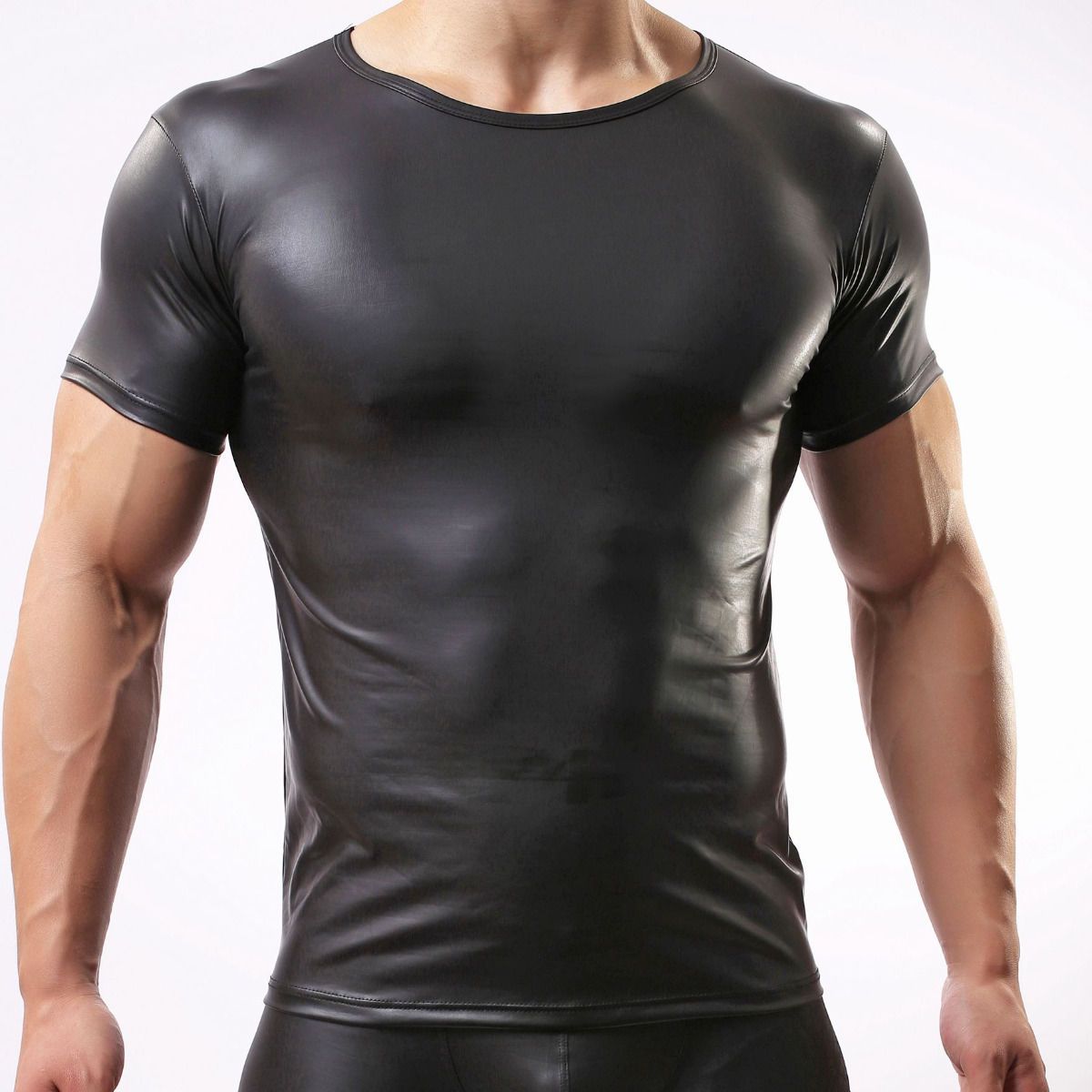 2021 Men Sexy Vest Faux Leather Solid Color Black Male Short Sleeve ...