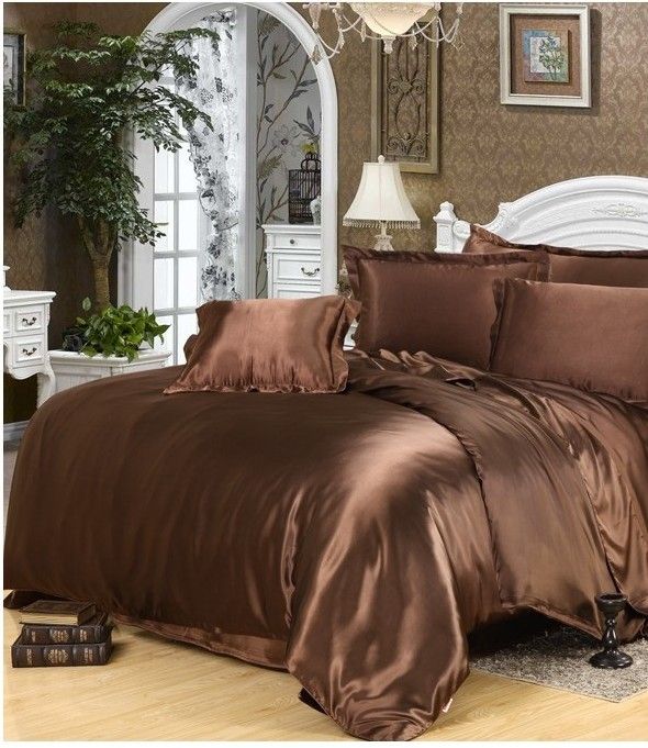 Luxury Silk Bedding Sets Deep Brown Satin Super King Size Queen Full Mini Wireless Set Best July