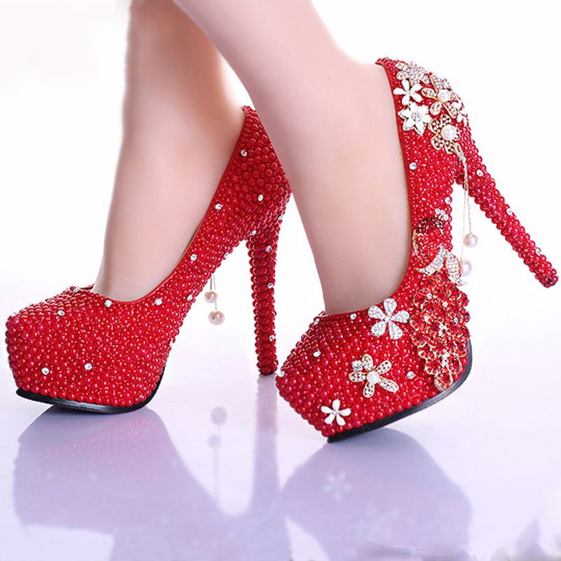Acheter Élégant Perle Rouge Strass Chaussures De Mariage À La Main Magnifique Chaussures De Mariée 5 Pouces À Talons Hauts Diamant Femme Pompes Chaussure De Bal De 63,37 € Du Partyprom | Fr.DHgate.Com