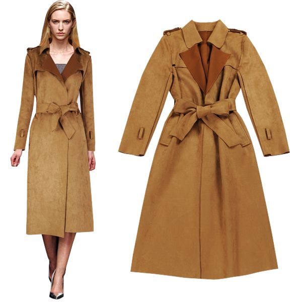 Woman Suede Trench Coat Turndown Collar Shoulder Epaulet Long Woman Suede Trench Coat Turndown Collar Shoulder Epaulet Long Sleeve Sash Belt Mid Calf Long Trench Coat Khaki Trench Coat Women Jackets For Women Winter ... - Woman Suede Trench Coat Turndown Collar Shoulder Epaulet Long
