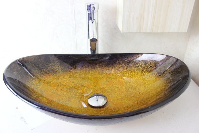 European And American Popular Style Art Tempered Bathroom Vessel Sink With Faucet Pop Up Mounting Ring Washbasin N 689