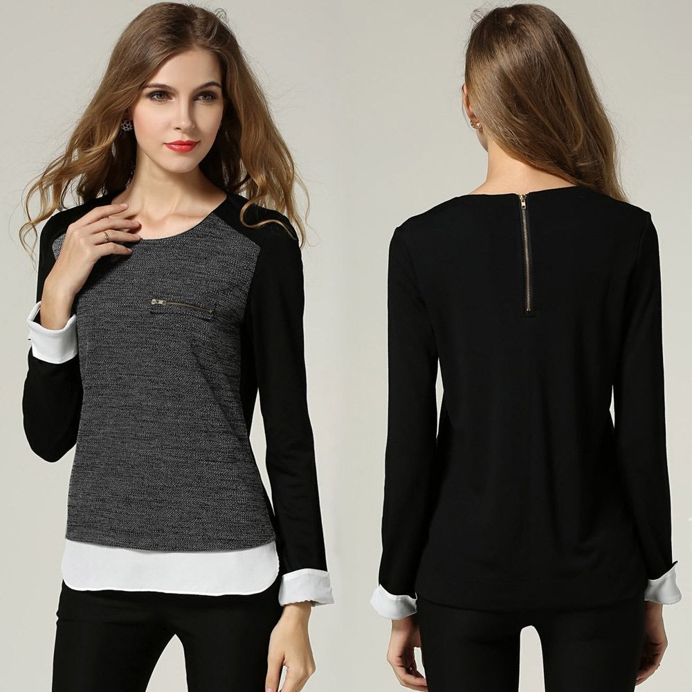 Show School Women White Blouses Long Sleeve Pockets Blouse
