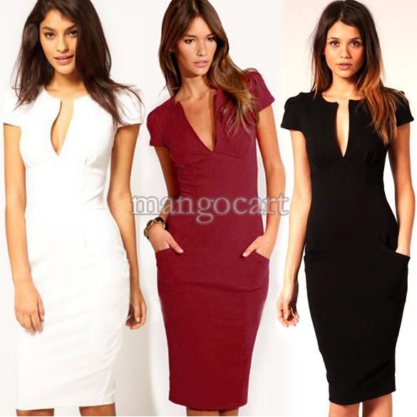 Classic Party Bodycon Midi Dress Elegant Ladies Work Wear Women Slim ...