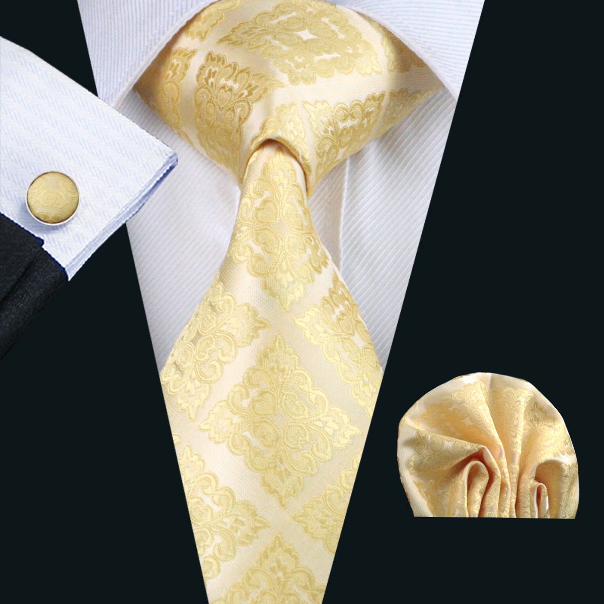 2020 Bright Yellow Silk Tie For Men Hanky Cufflinks Set Mens Jacquard ...