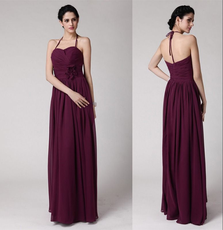 Plum Bridesmaid Dresses Long Formal Chiffon A Line Hatler Zipper Back ...