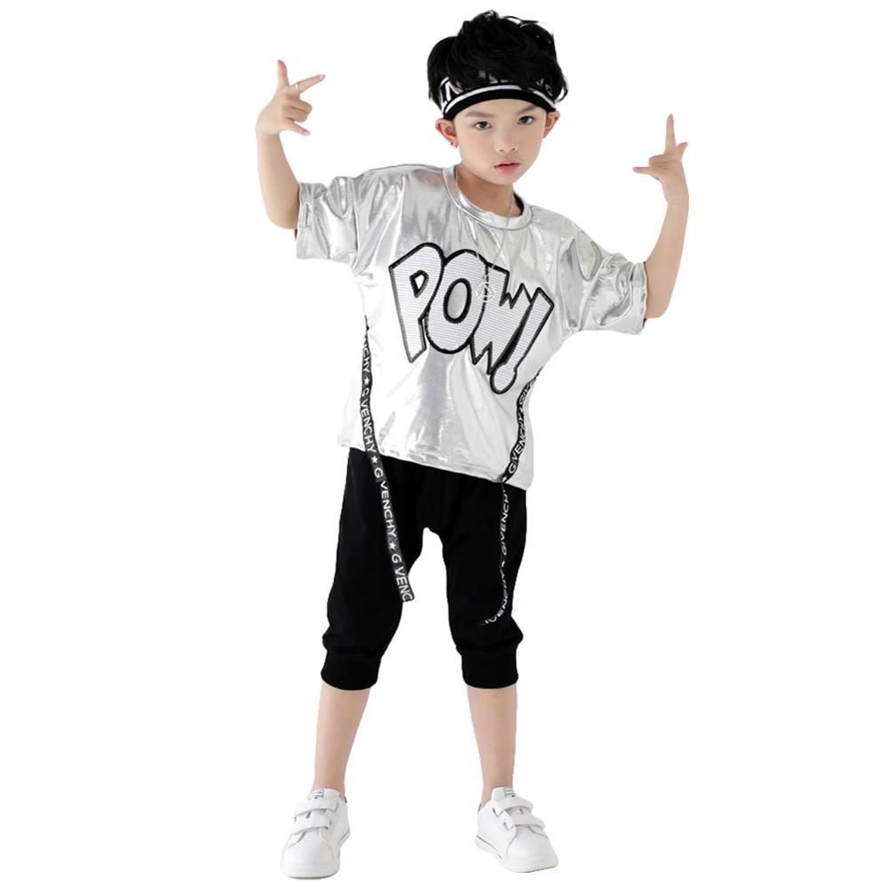 Kids Boys Hip Hop Clothing Sequins Street Dance Performance Costume Sliver Tshirt Shorts Suit 4 12Yrs Kids Boys Hip Hop Clothing Sequins Street Dance Performance Costume Sliver Tshirt Shorts Suit 4 12Yrs
