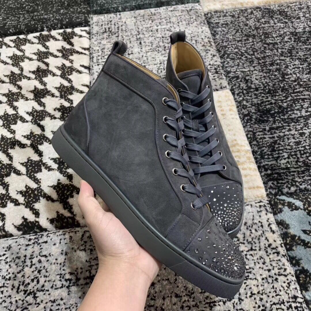 Calidad perfecta Original a estrenar High Top Cristales zapatos inferiores rojos zapatillas de deporte de los hombres zapatos de cuero de ante gris Calidad perfecta Original a estrenar High Top Cristales zapatos inferiores rojos zapatillas de deporte de los hombres zapatos de cuero de ante gris