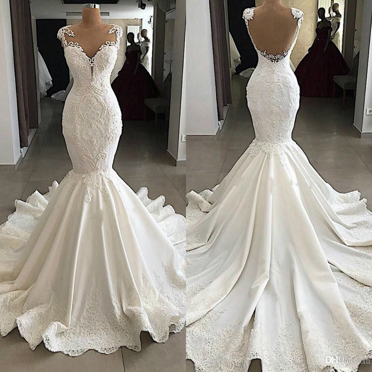 Mermaid 2019  Vintage  Wedding  Dresses  Sheer Scoop Neck Lace 