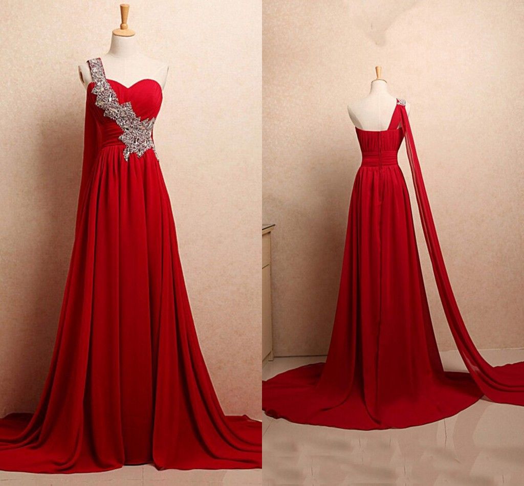 One Shoulder Red Long Prom Dresses With Wraps Pleats Crystal Beads ...
