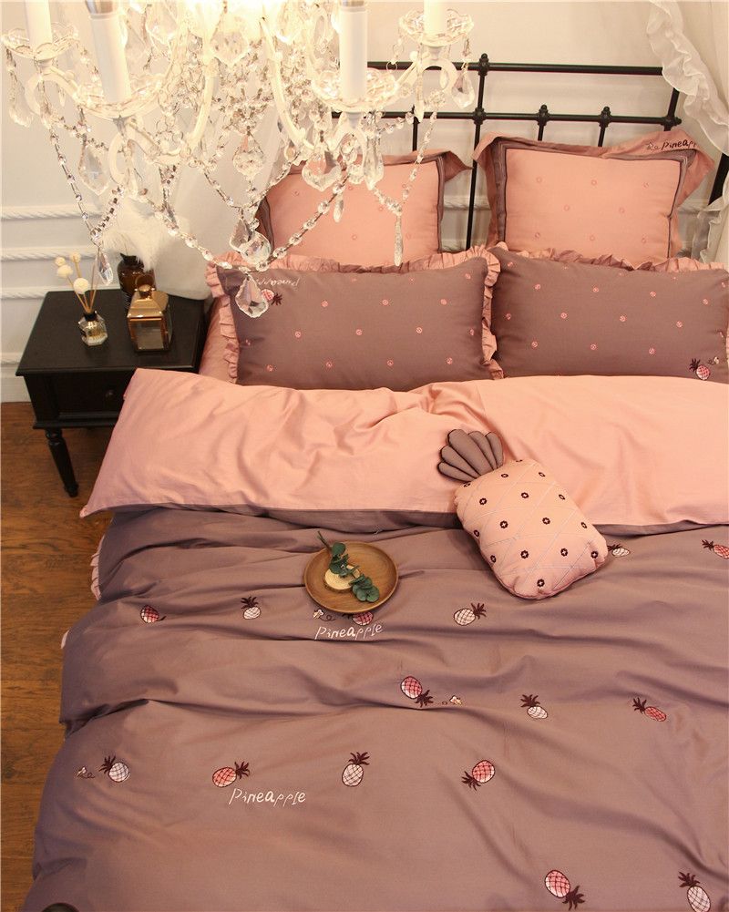 4 7pcs Cute Pineapple Luxury Egyptian Cotton Modern Bedding Set Queen King Size Girls Duvet Cover Bed Sheet Linen Pillowcase
