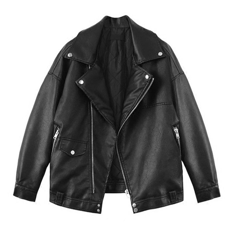 2019 Female Spring Autumn Pu Leather Jacket Women Faux Soft 2019 Female Spring Autumn Pu Leather Jacket Women Faux Soft Coat Loose Lapel Black Rivet Zipper Motorcycle Jackets W542 From Lemon888