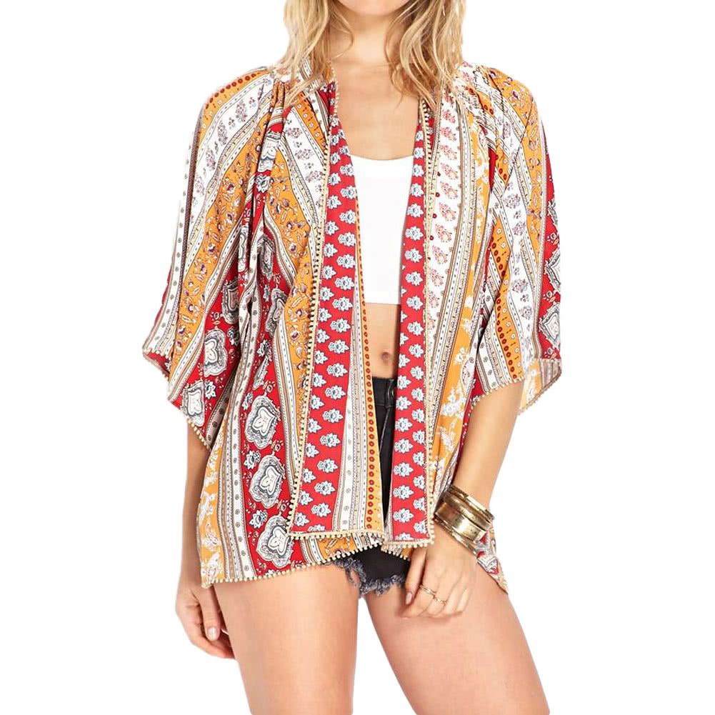 L Casual Lâche Soie Style Floral Kimono G1949r Imprimé Nouveau Femmes De Vintage Boho Rouge Indien Manteau En Mousseline Loose Cardigan wkilXOPTZu
