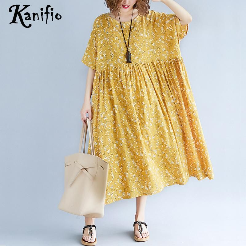 Kanifio Plus Size Women Casual Loose Bohemian Long Maxi Dress Ladies Cotton Linen Summer Boho Beach Dresses Long Tunic Vestidios