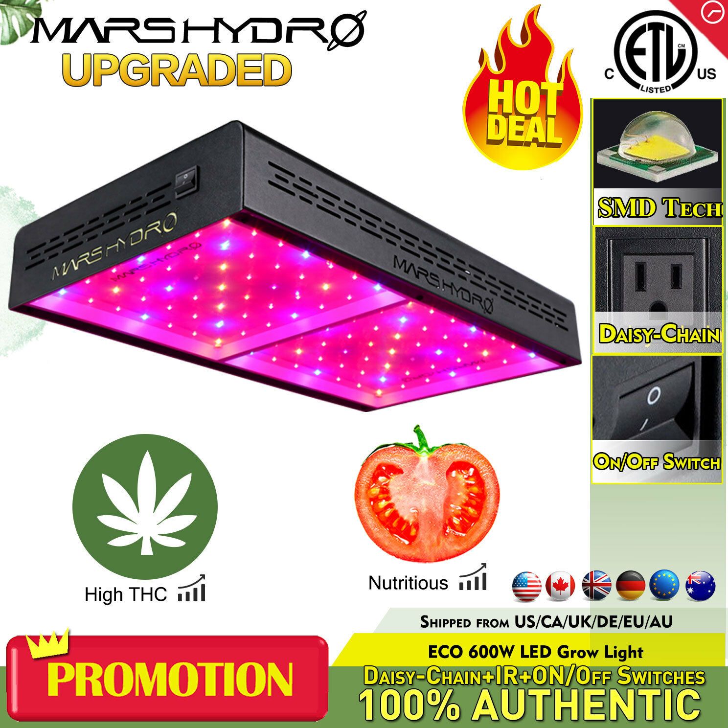 Mars Hydro ECO 600W LED Grow Lights Full Spectrum Indoor Plants Veg