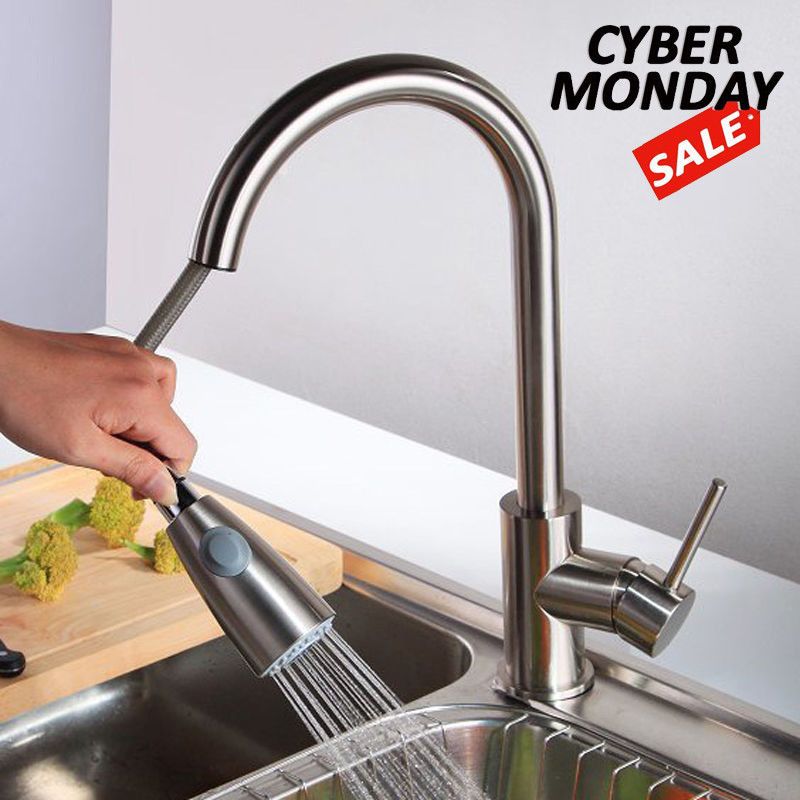 Brushed Nickel Kitchen Faucet Pull Out Sprayer Single Hole Swivel Sink Mixer Tap