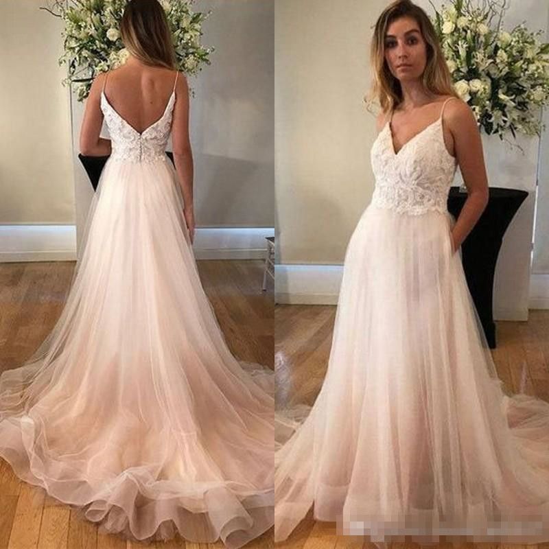  2019  Spaghetti Straps Wedding  Dresses  Lace Appliques Top 