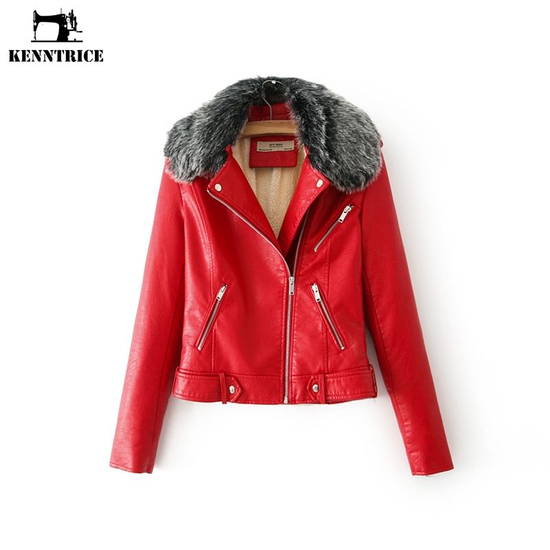 Kenntrice Women Leather Jacket Thick Winter Coat Blue Black Red Color Fur Lining Warm Autumn Female Clothes