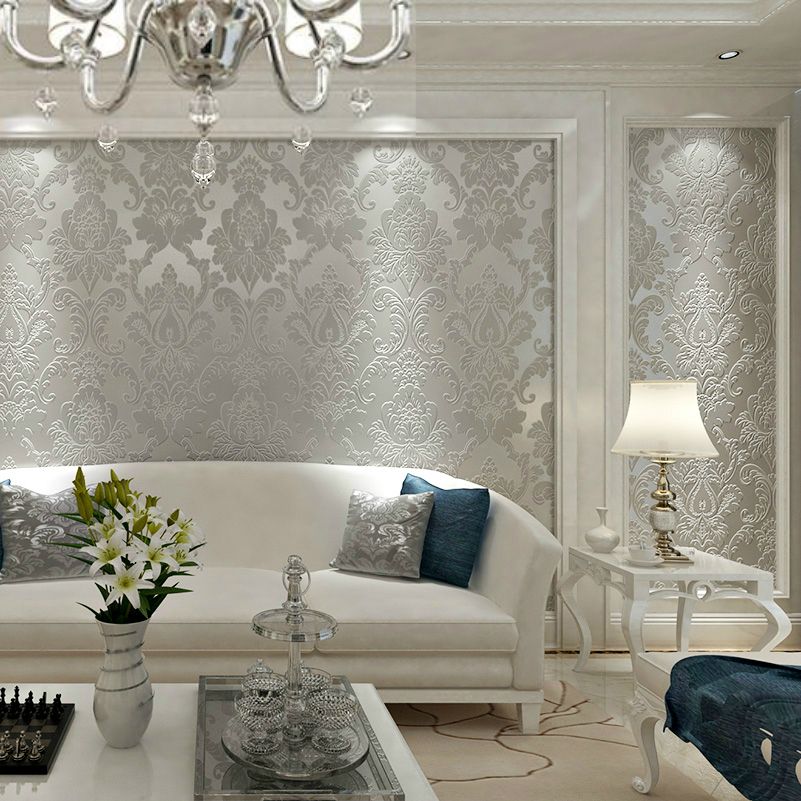 Brown,Cream White,Beige,Grey Damask Wallpaper 3D Embossed Wall Paper ...