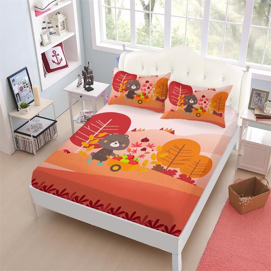 Autumn Forest Scenery Bedding Set Cartoon Bear Print Bed Linens King Autumn Forest Scenery Bedding Set Cartoon Bear Print Bed Linens King Queen Fitted Sheet Deep Pocket Mattress Cover Pillowcase Modern