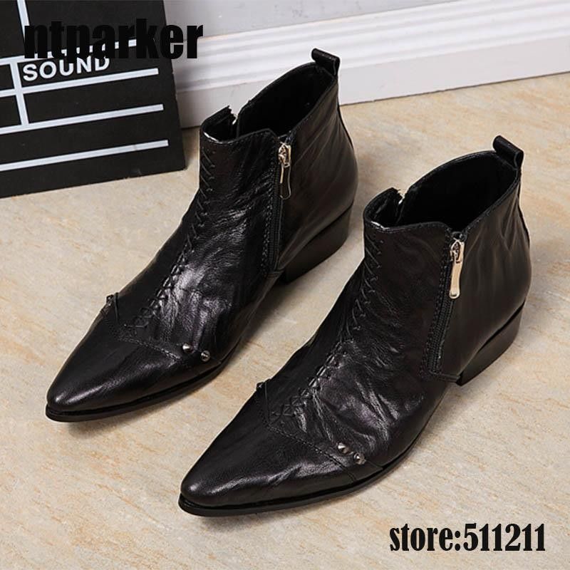 New Designer Men Boots Black Genuine Leather Dress Business Boots Zip