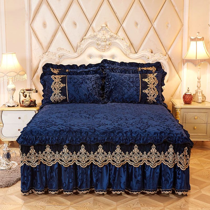 Royal Blue Princess Bedding Bed Skirt Set Pillowcases Velvet Thick Warm
