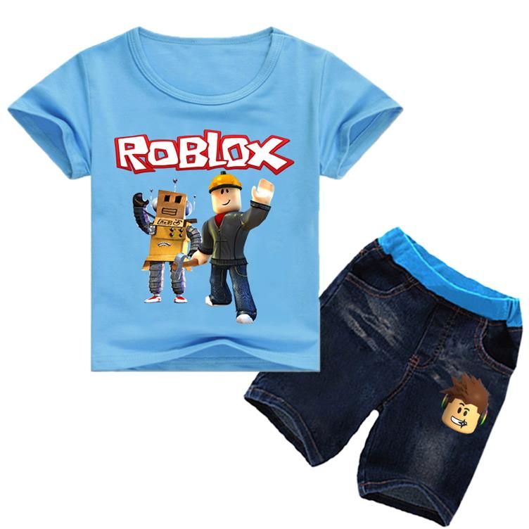 2019 Summer Baby Boys Clothes Sets Cartoon Roblox Red Nose Day Print Children Girls Short Sleeve T Shirt Jeans Shorts 2pcs Suits - 